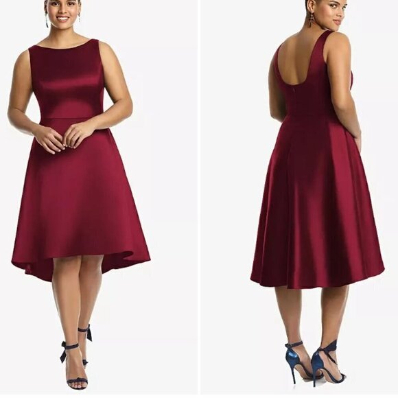ALFRED SUNG St D697 Size 10 Burgundy Bateau Neck Satin High Low Cocktail Dress - Picture 1 of 8